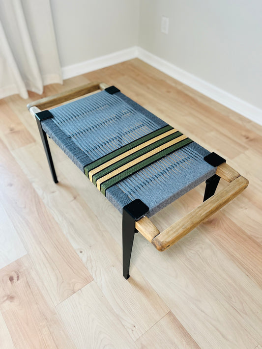 Mid Century Bench | Custom Size Woven Entryway Seating With Matte Black Legs