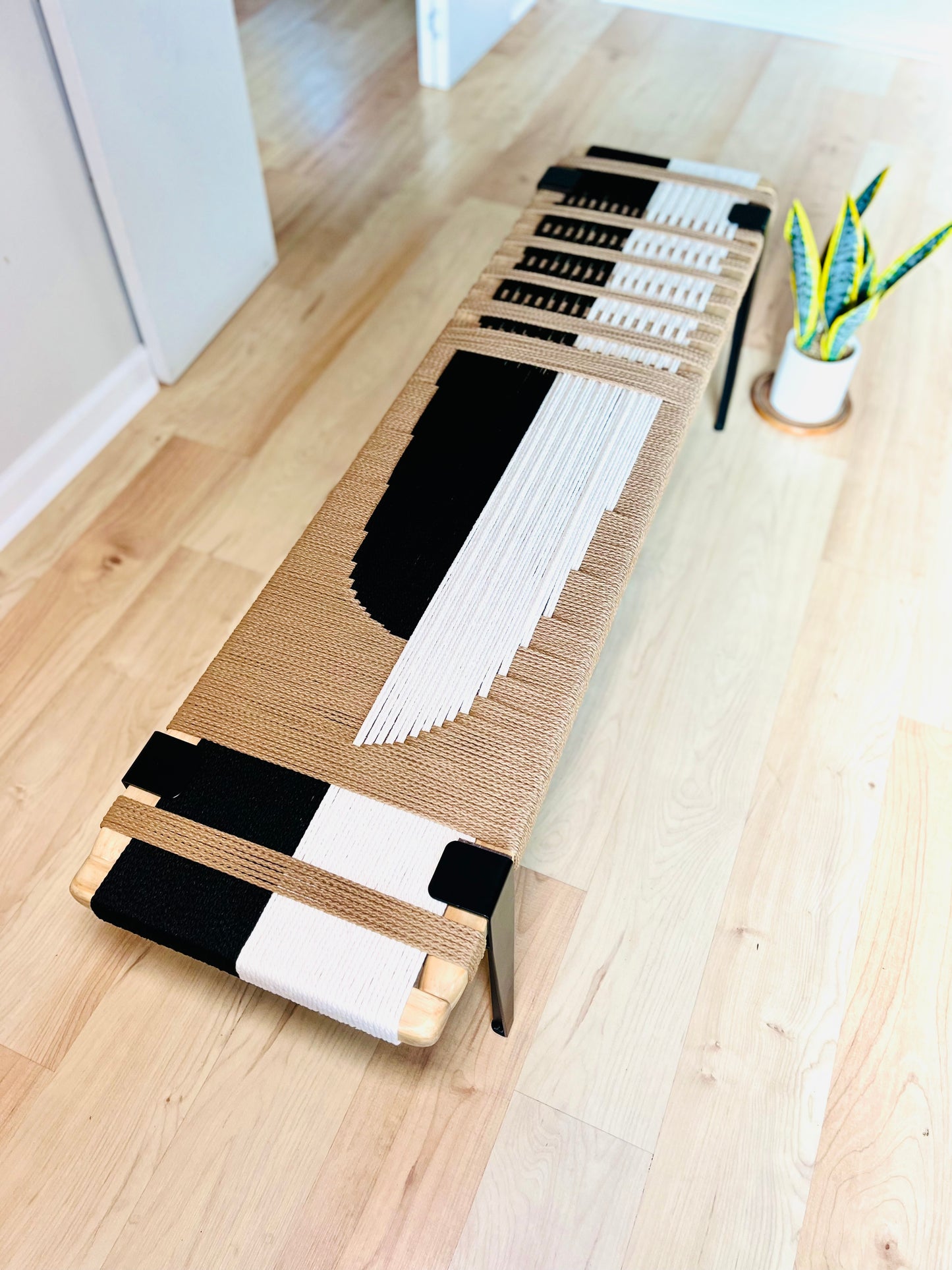 Mid Century Bench | Custom Size Woven Entryway Seating With Matte Black Legs