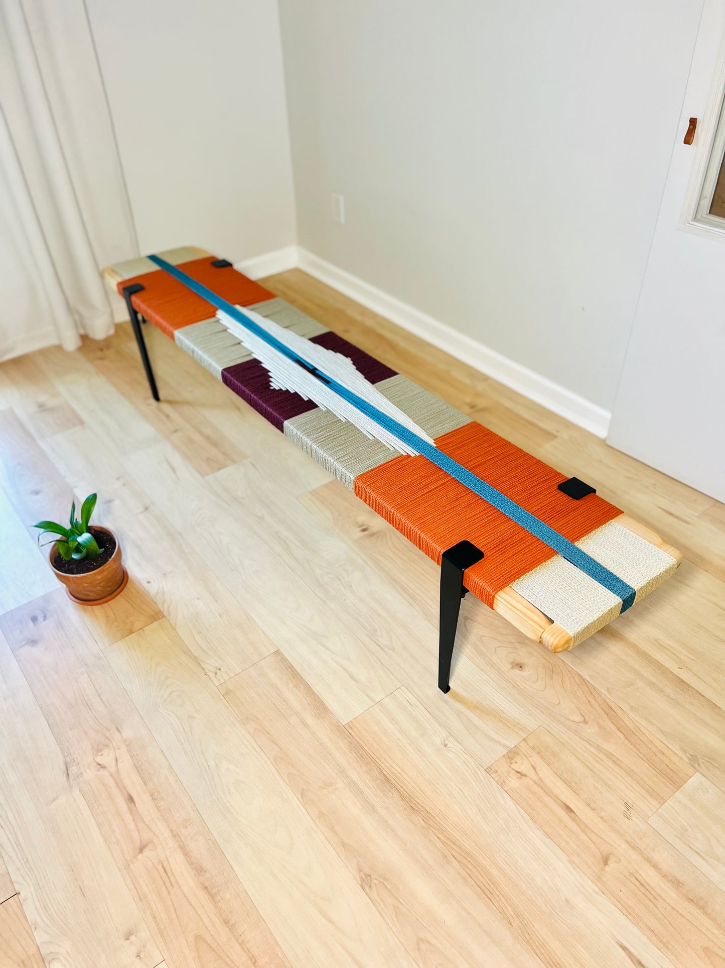 Mid Century Bench | Custom Size Woven Entryway Seating With Matte Black Legs