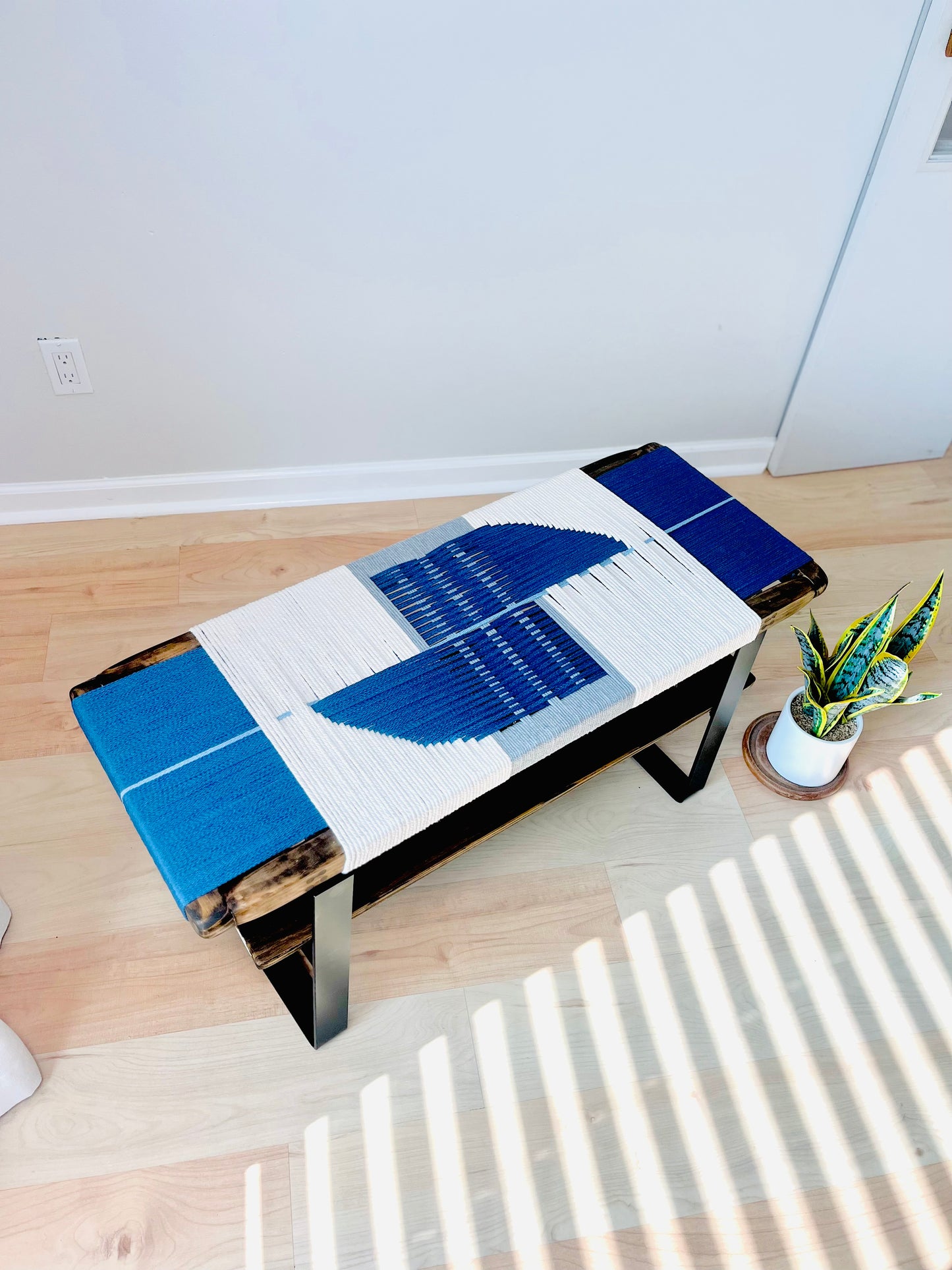 Mid Century Bench | Custom Size Woven Entryway Seating With Matte Black Legs