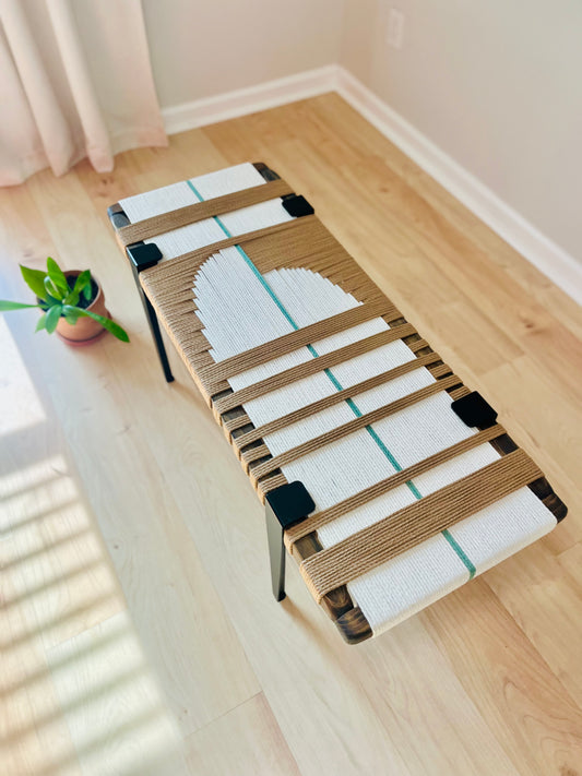 Mid Century Bench | Custom Size Woven Entryway Seating With Matte Black Legs