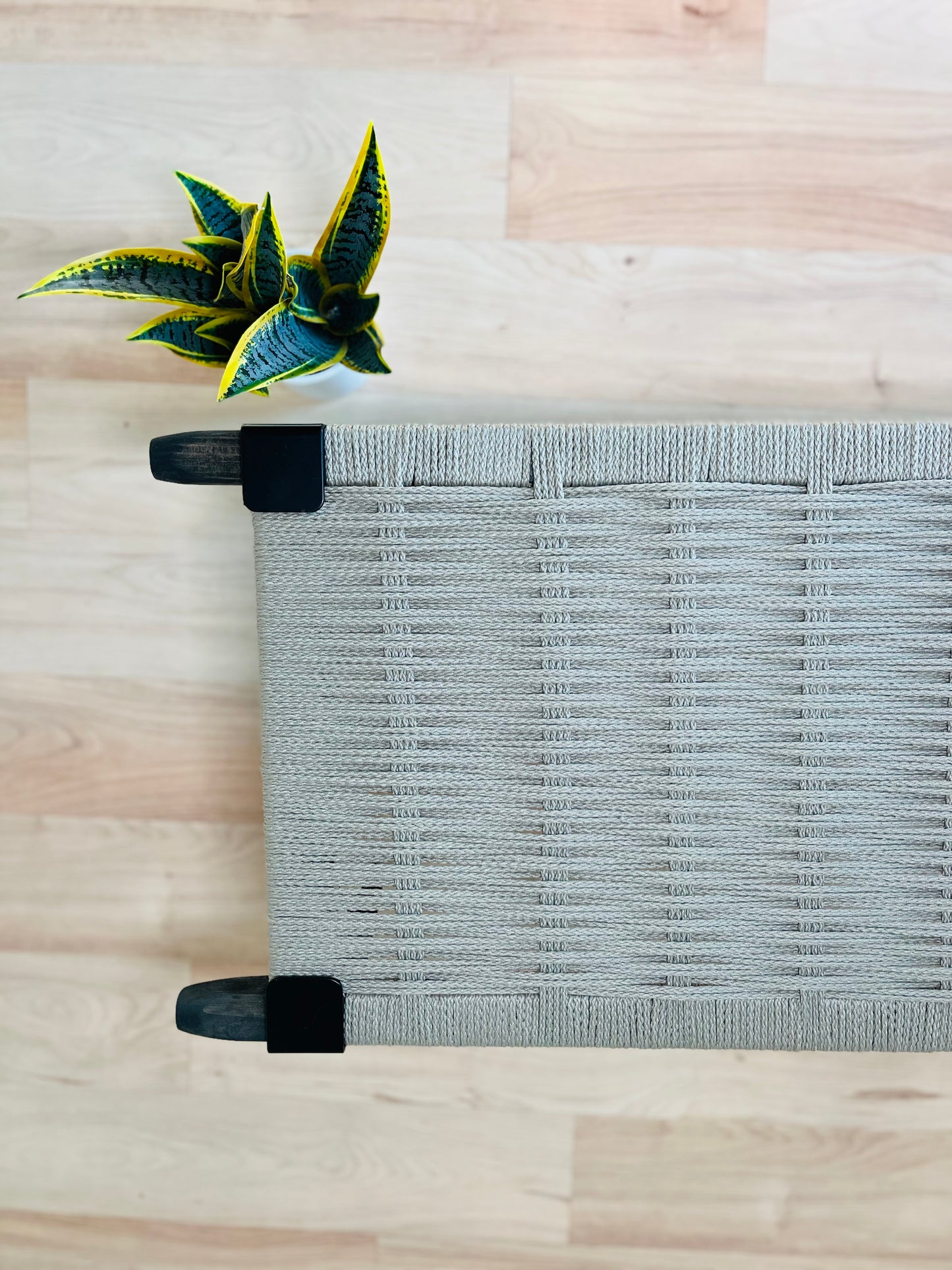 Mid Century Bench | Custom Size Woven Entryway Seating With Matte Black Legs