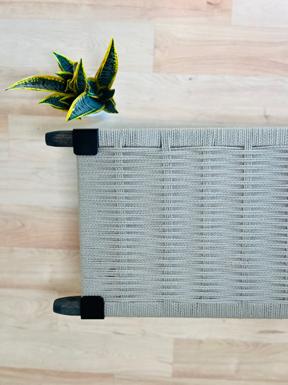 Mid Century Bench | Custom Size Woven Entryway Seating With Matte Black Legs