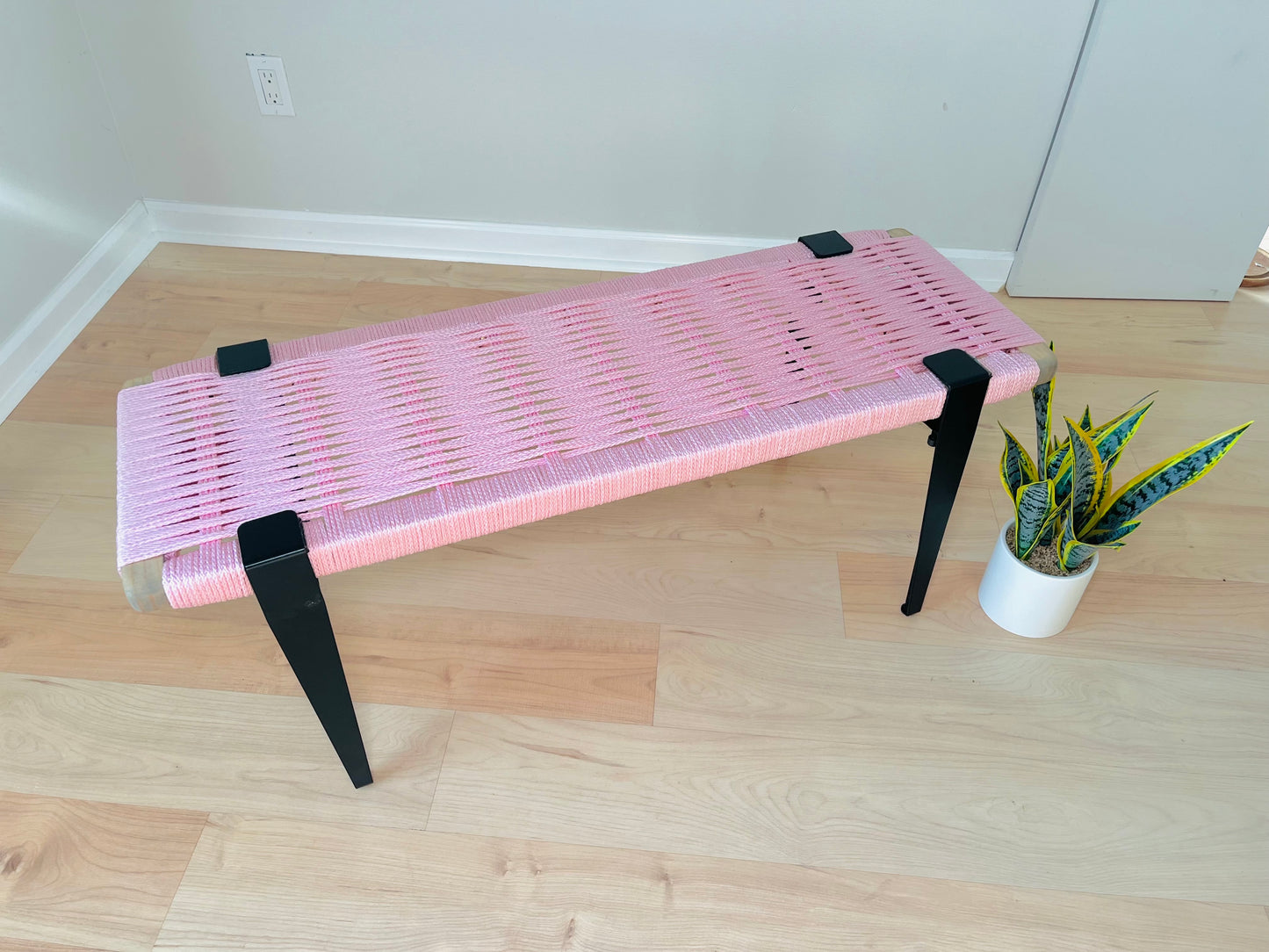 Mid Century Bench | Custom Size Woven Entryway Seating With Matte Black Legs