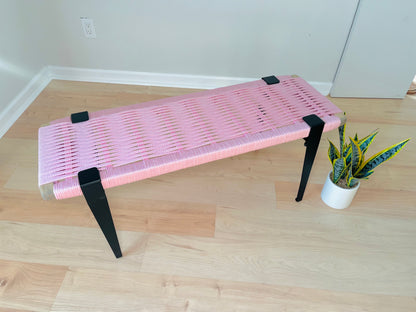 Mid Century Bench | Custom Size Woven Entryway Seating With Matte Black Legs