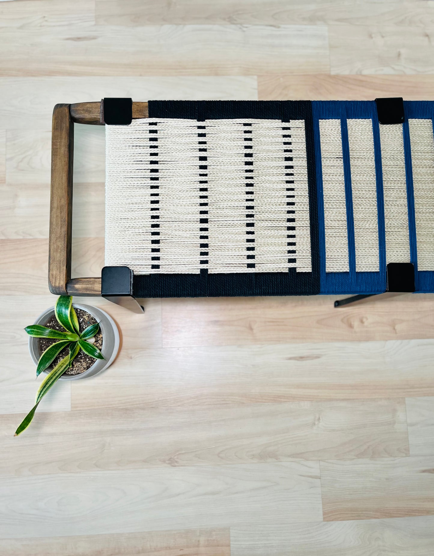 Mid Century Bench | Custom Size Woven Entryway Seating With Matte Black Legs