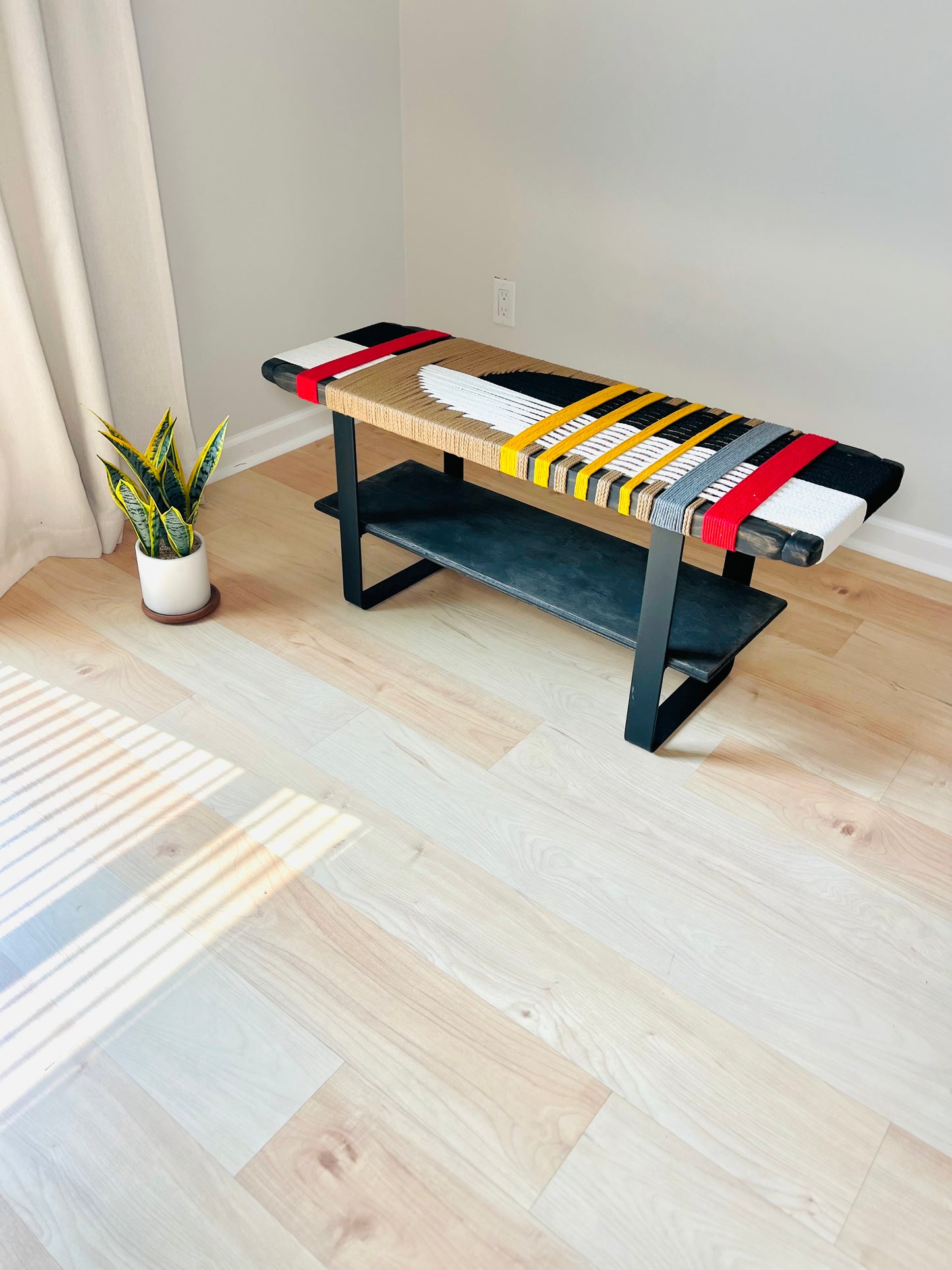 Mid Century Bench | Custom Size Woven Entryway Seating With Matte Black Legs