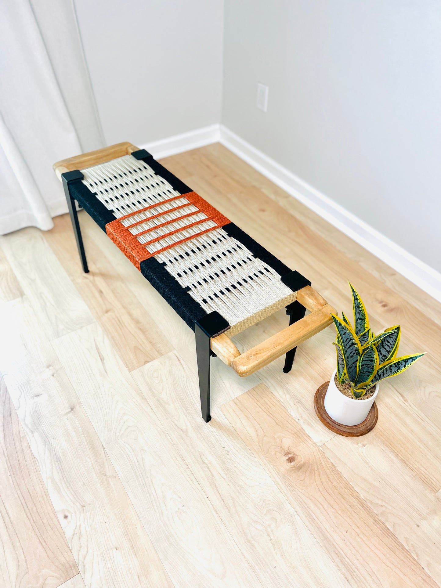 Mid Century Bench | Custom Size Woven Entryway Seating With Matte Black Legs