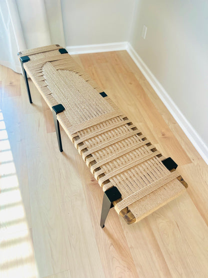 Mid Century Bench | Custom Size Woven Entryway Seating With Matte Black Legs