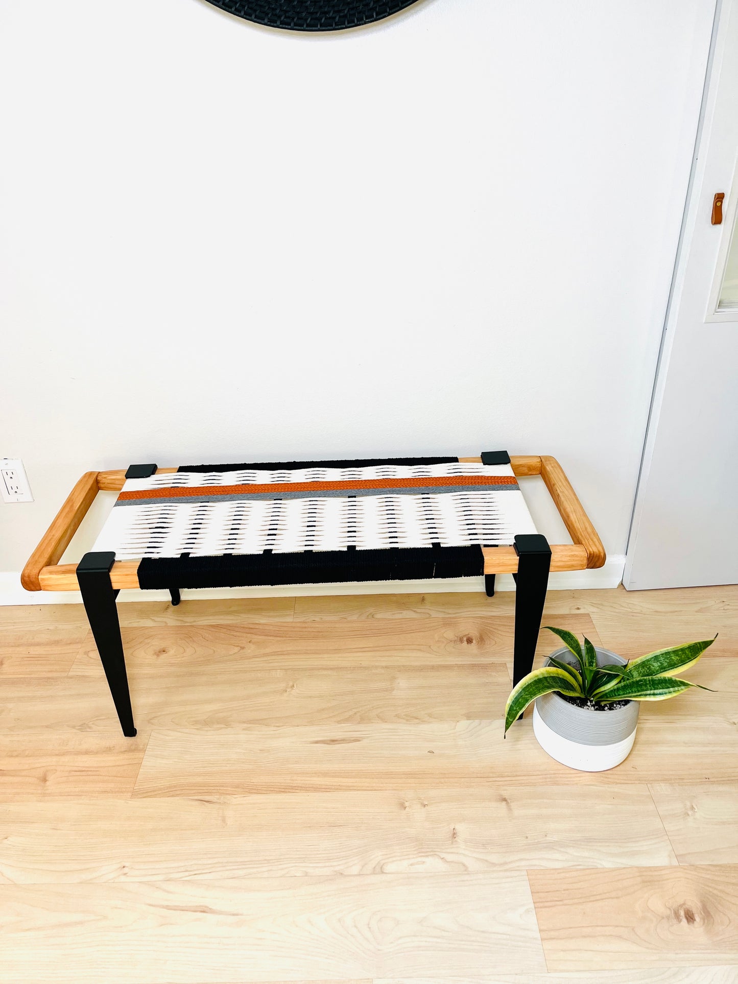 Mid Century Bench | Custom Size Woven Entryway Seating With Matte Black Legs