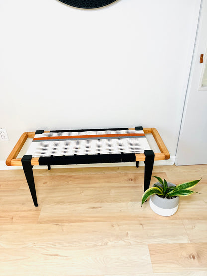 Mid Century Bench | Custom Size Woven Entryway Seating With Matte Black Legs