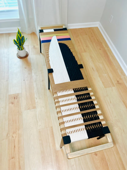 Mid Century Bench | Custom Size Woven Entryway Seating With Matte Black Legs