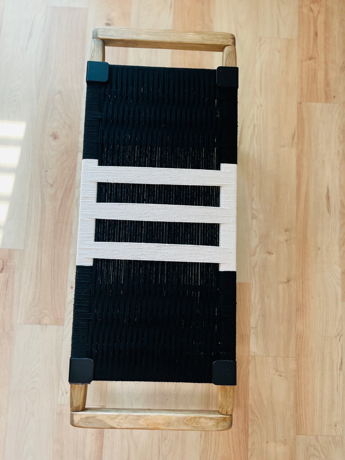 Mid Century Bench | Custom Size Woven Entryway Seating With Matte Black Legs