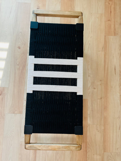 Mid Century Bench | Custom Size Woven Entryway Seating With Matte Black Legs