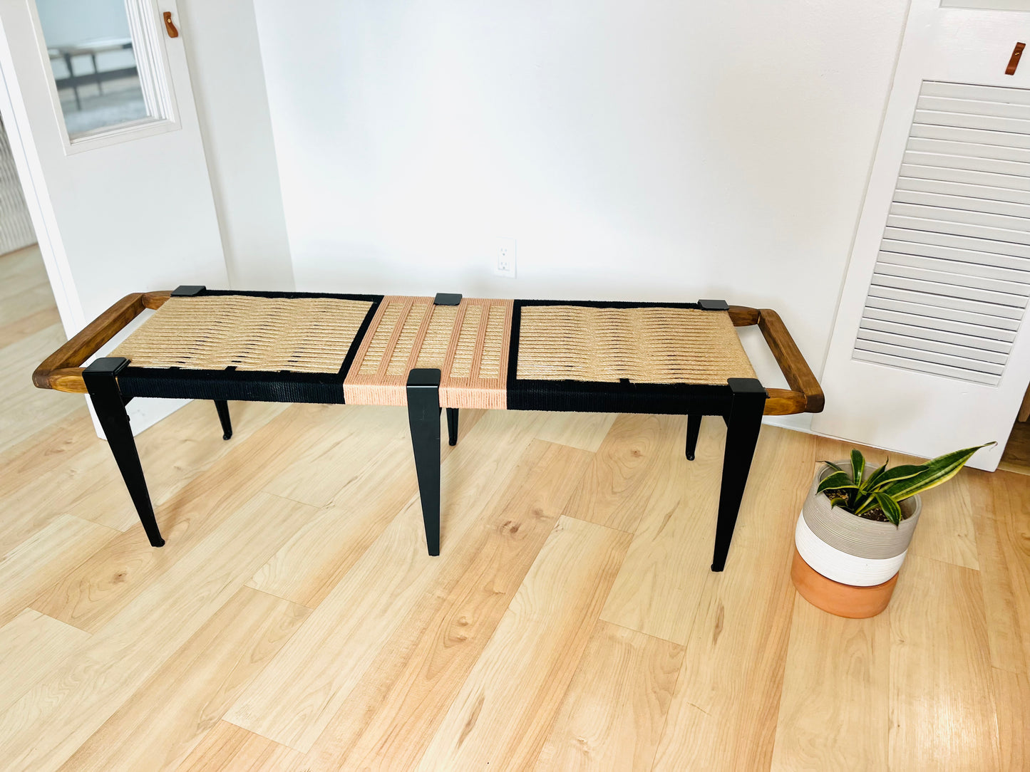 Mid Century Bench | Custom Size Woven Entryway Seating With Matte Black Legs