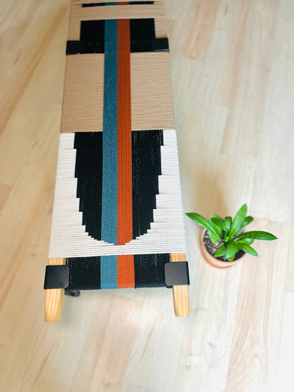Mid Century Bench | Custom Size Woven Entryway Seating With Matte Black Legs