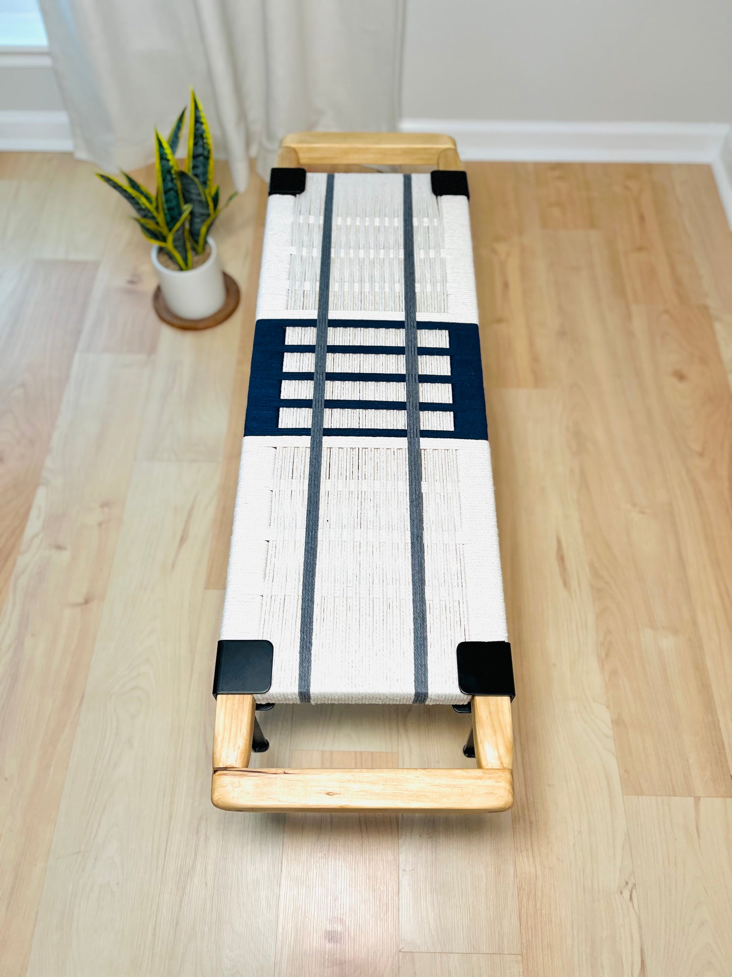 Mid Century Bench | Custom Size Woven Entryway Seating With Matte Black Legs