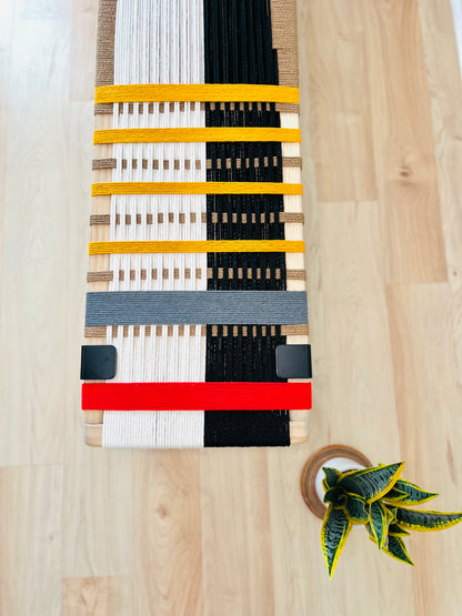 Mid Century Bench | Custom Size Woven Entryway Seating With Matte Black Legs