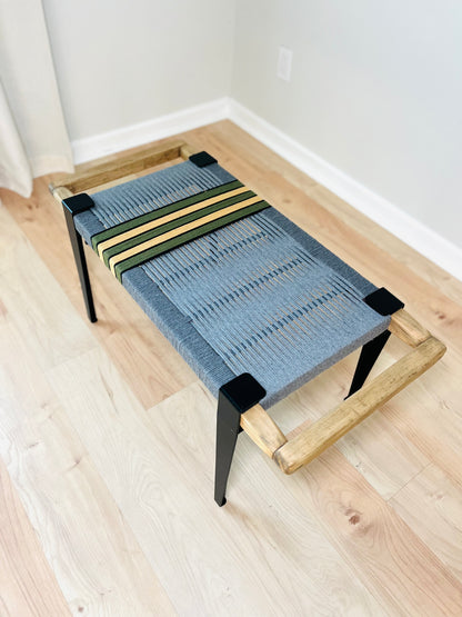 Mid Century Bench | Custom Size Woven Entryway Seating With Matte Black Legs