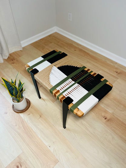 Mid Century Bench | Custom Size Woven Entryway Seating With Matte Black Legs