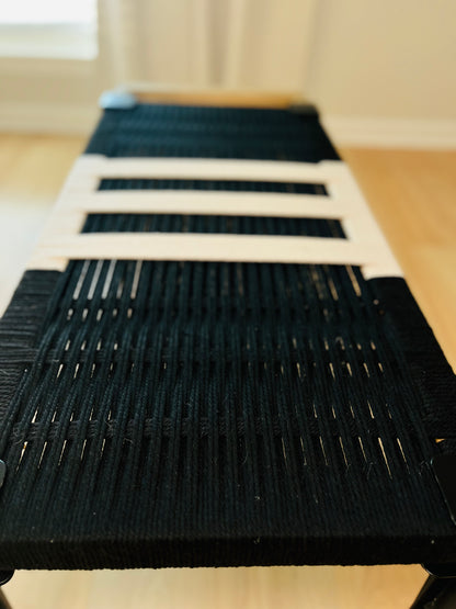 Mid Century Bench | Custom Size Woven Entryway Seating With Matte Black Legs