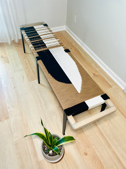 Mid Century Bench | Custom Size Woven Entryway Seating With Matte Black Legs