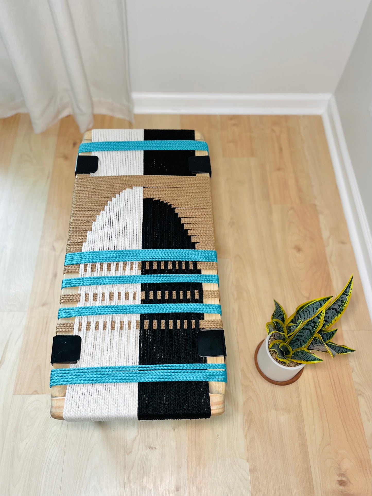 Mid Century Bench | Custom Size Woven Entryway Seating With Matte Black Legs