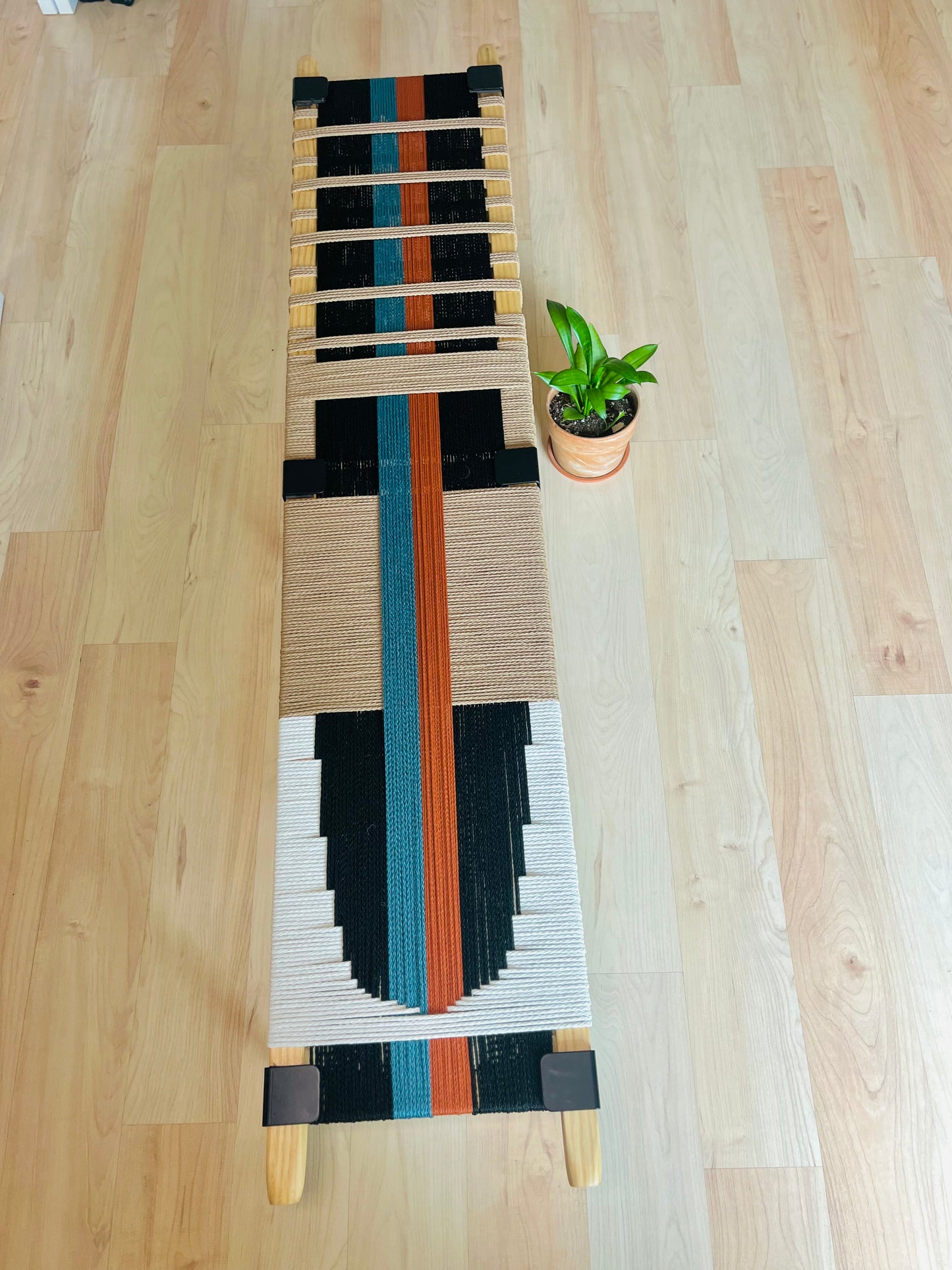 Mid Century Bench | Custom Size Woven Entryway Seating With Matte Black Legs