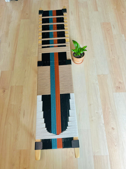 Mid Century Bench | Custom Size Woven Entryway Seating With Matte Black Legs