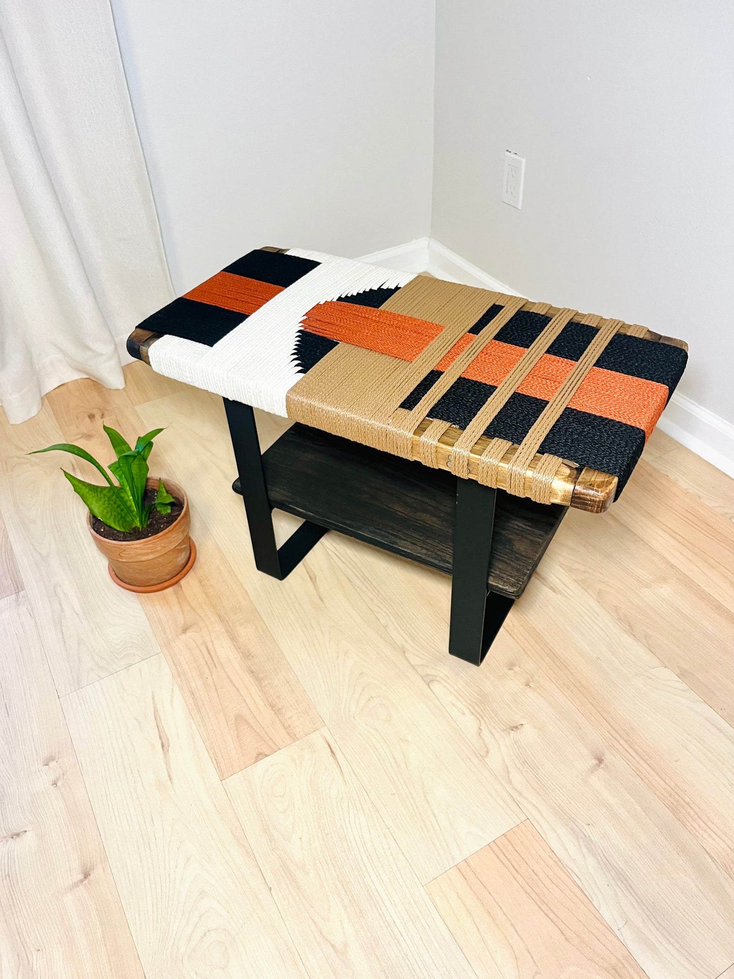 Mid Century Bench | Custom Size Woven Entryway Seating With Matte Black Legs