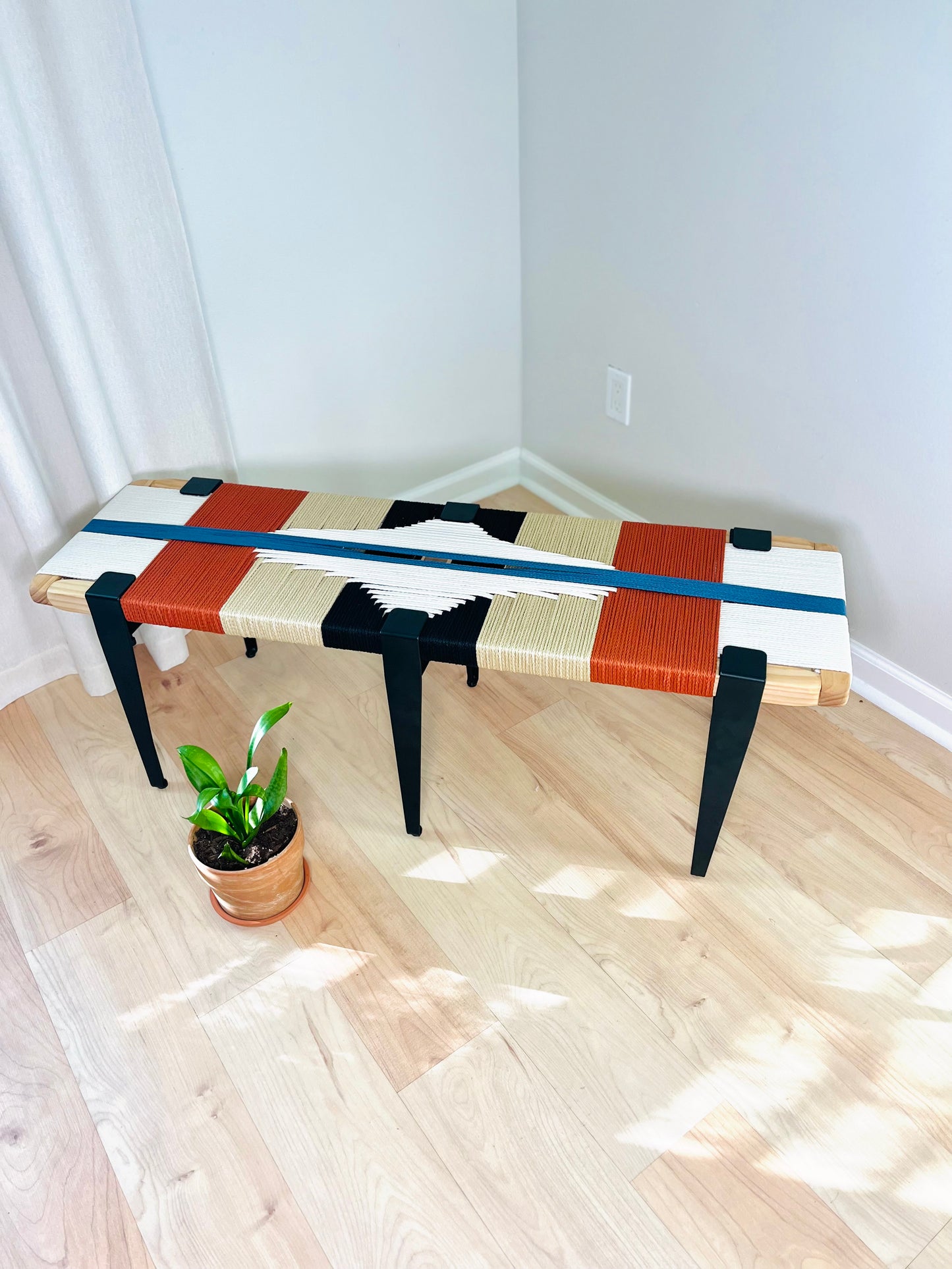 Mid Century Bench | Custom Size Woven Entryway Seating With Matte Black Legs