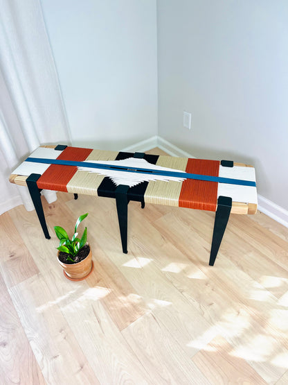 Mid Century Bench | Custom Size Woven Entryway Seating With Matte Black Legs