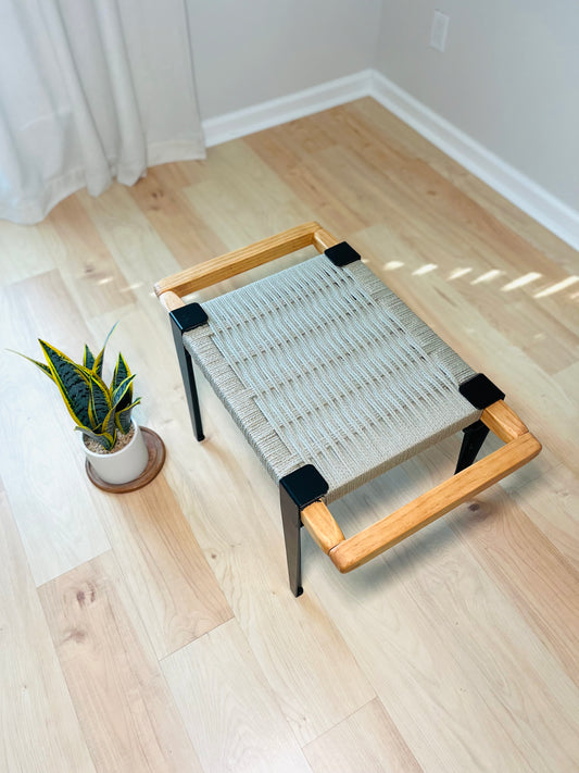 Mid Century Bench | Custom Size Woven Entryway Seating With Matte Black Legs