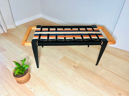 Mid Century Bench | Custom Size Woven Entryway Seating With Matte Black Legs