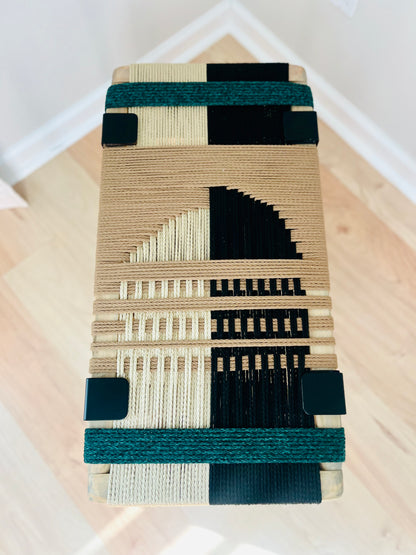 Mid Century Bench | Custom Size Woven Entryway Seating With Matte Black Legs