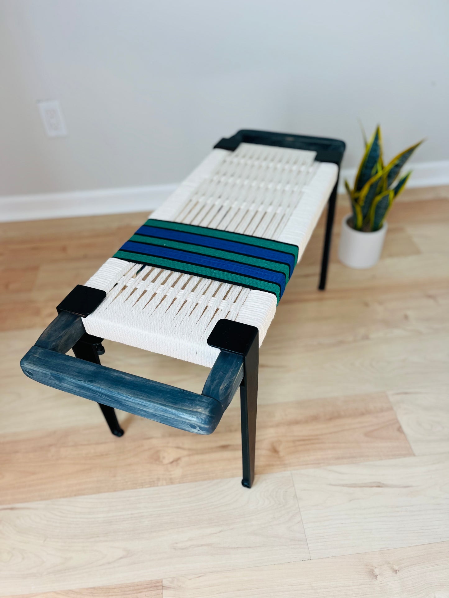 Mid Century Bench | Custom Size Woven Entryway Seating With Matte Black Legs