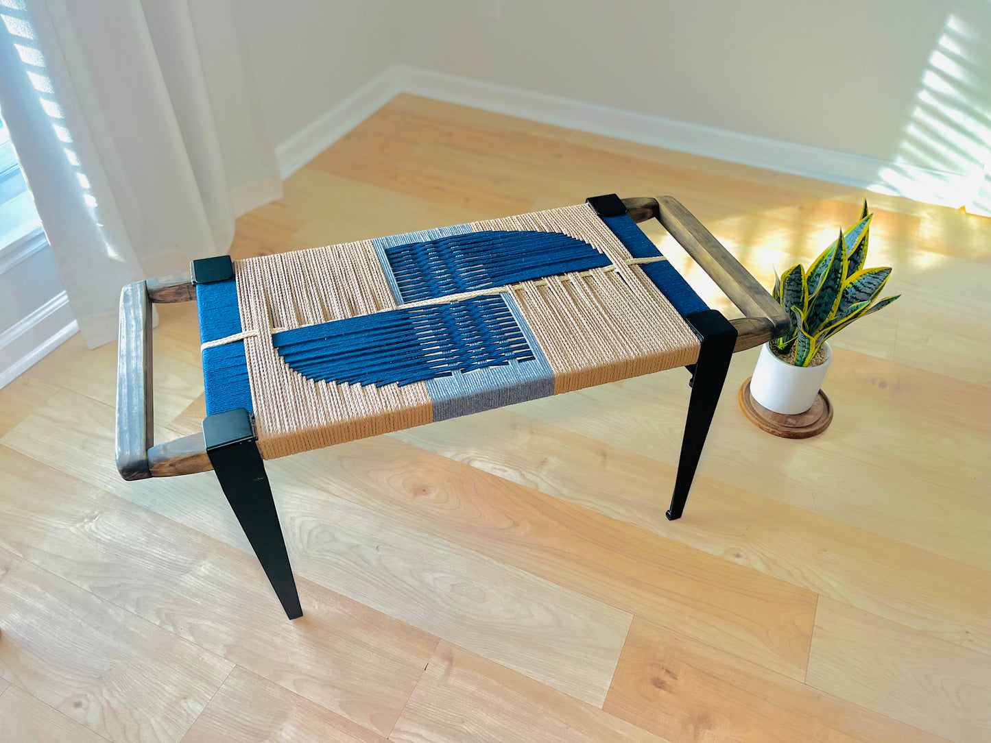 Mid Century Bench | Custom Size Woven Entryway Seating With Matte Black Legs