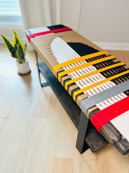 Mid Century Bench | Custom Size Woven Entryway Seating With Matte Black Legs