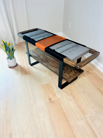 Mid Century Bench | Custom Size Woven Entryway Seating With Matte Black Legs