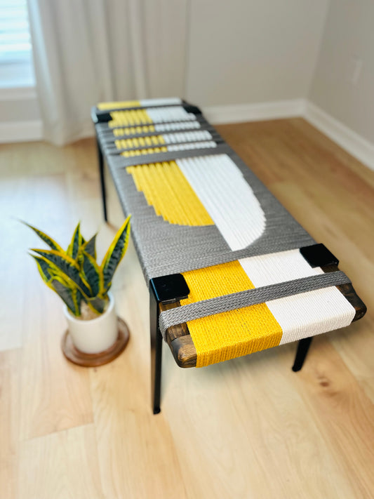 Mid Century Bench | Custom Size Woven Entryway Seating With Matte Black Legs