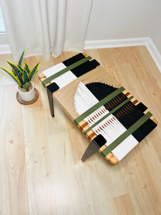 Mid Century Bench | Custom Size Woven Entryway Seating With Matte Black Legs