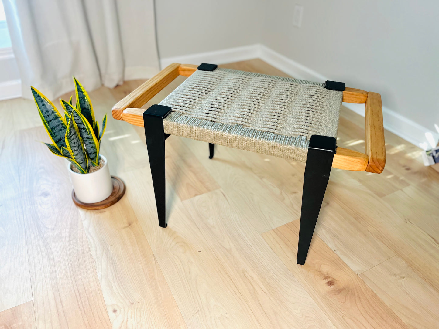 Mid Century Bench | Custom Size Woven Entryway Seating With Matte Black Legs