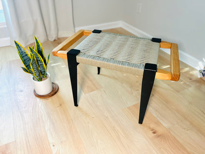 Mid Century Bench | Custom Size Woven Entryway Seating With Matte Black Legs