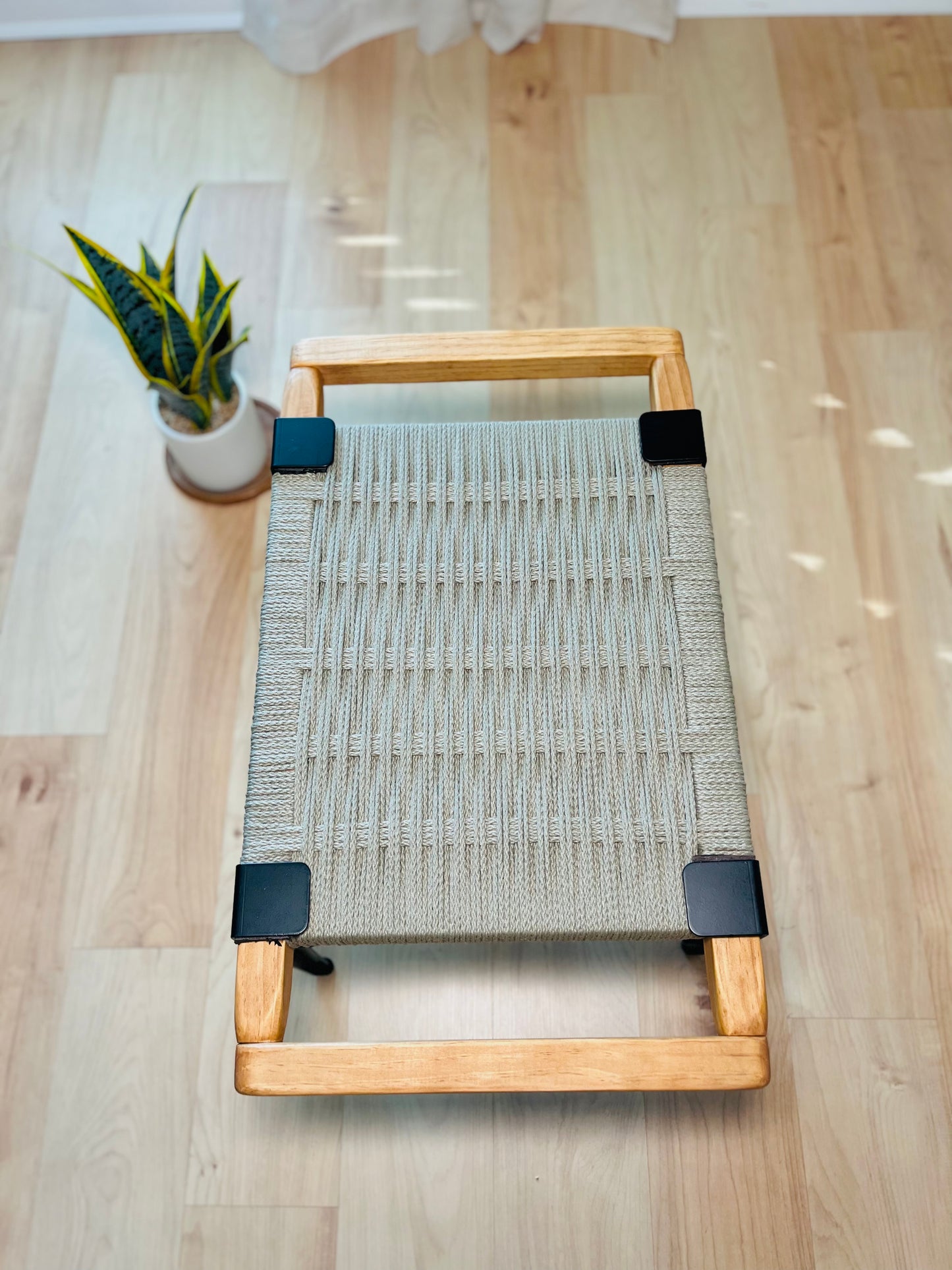 Mid Century Bench | Custom Size Woven Entryway Seating With Matte Black Legs
