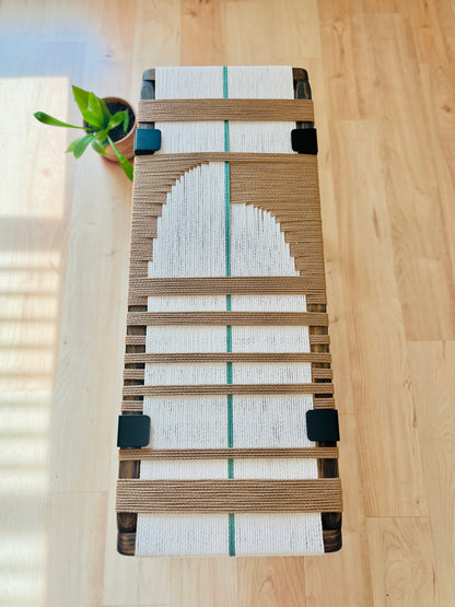 Mid Century Bench | Custom Size Woven Entryway Seating With Matte Black Legs