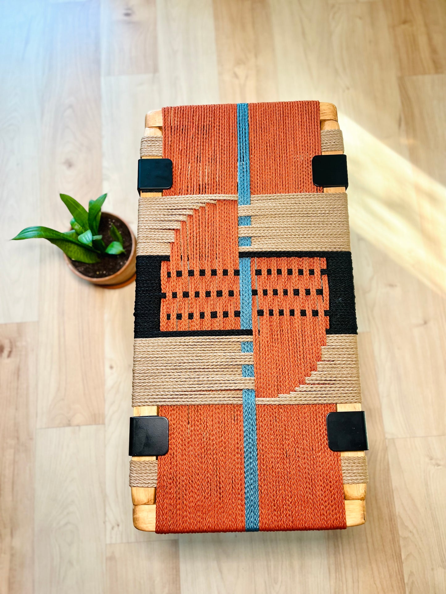 Mid Century Bench | Custom Size Woven Entryway Seating With Matte Black Legs