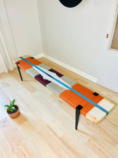 Mid Century Bench | Custom Size Woven Entryway Seating With Matte Black Legs