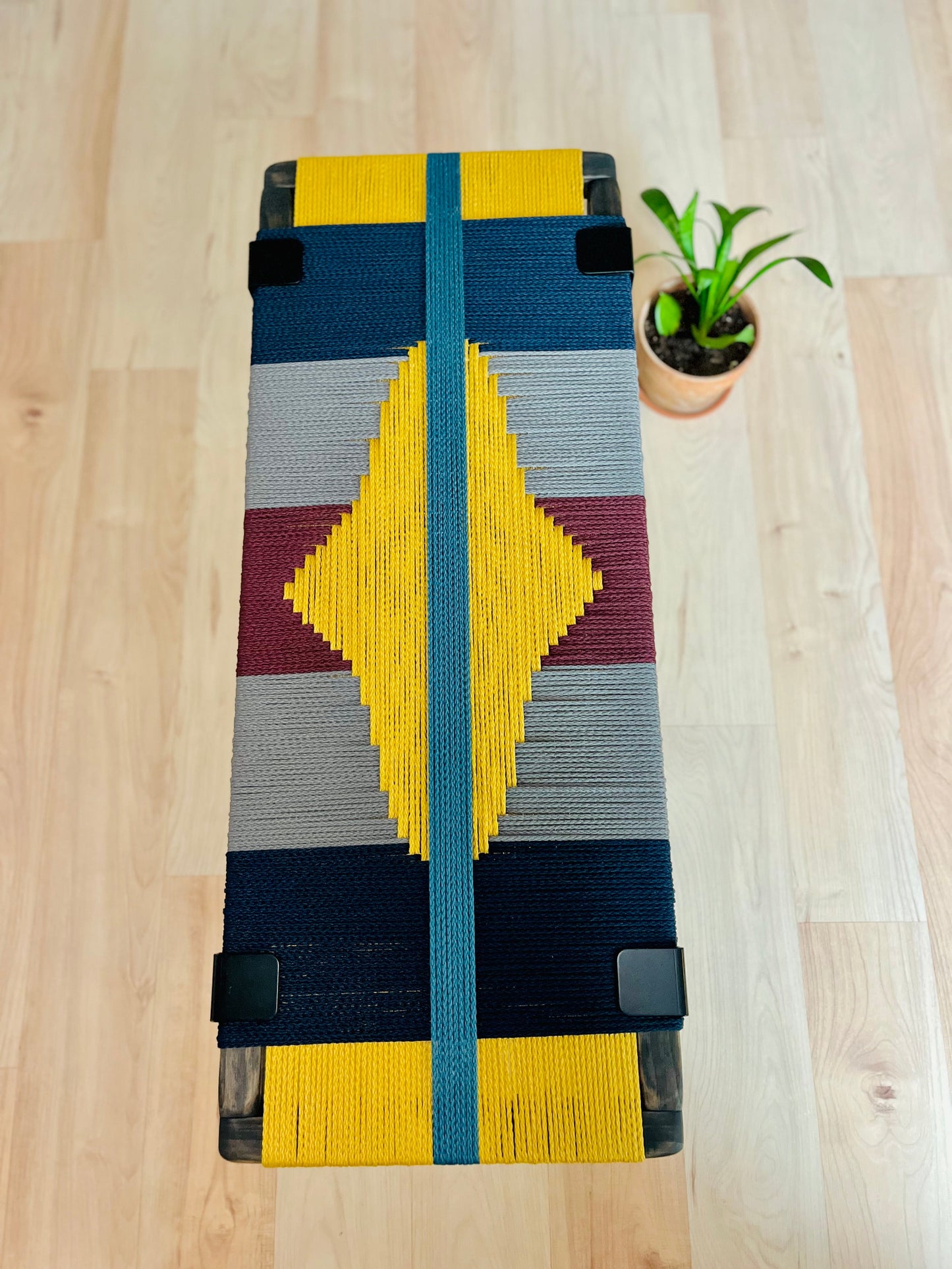 Mid Century Bench | Custom Size Woven Entryway Seating With Matte Black Legs.