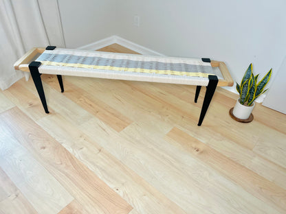 Mid Century Bench | Custom Size Woven Entryway Seating With Matte Black Legs