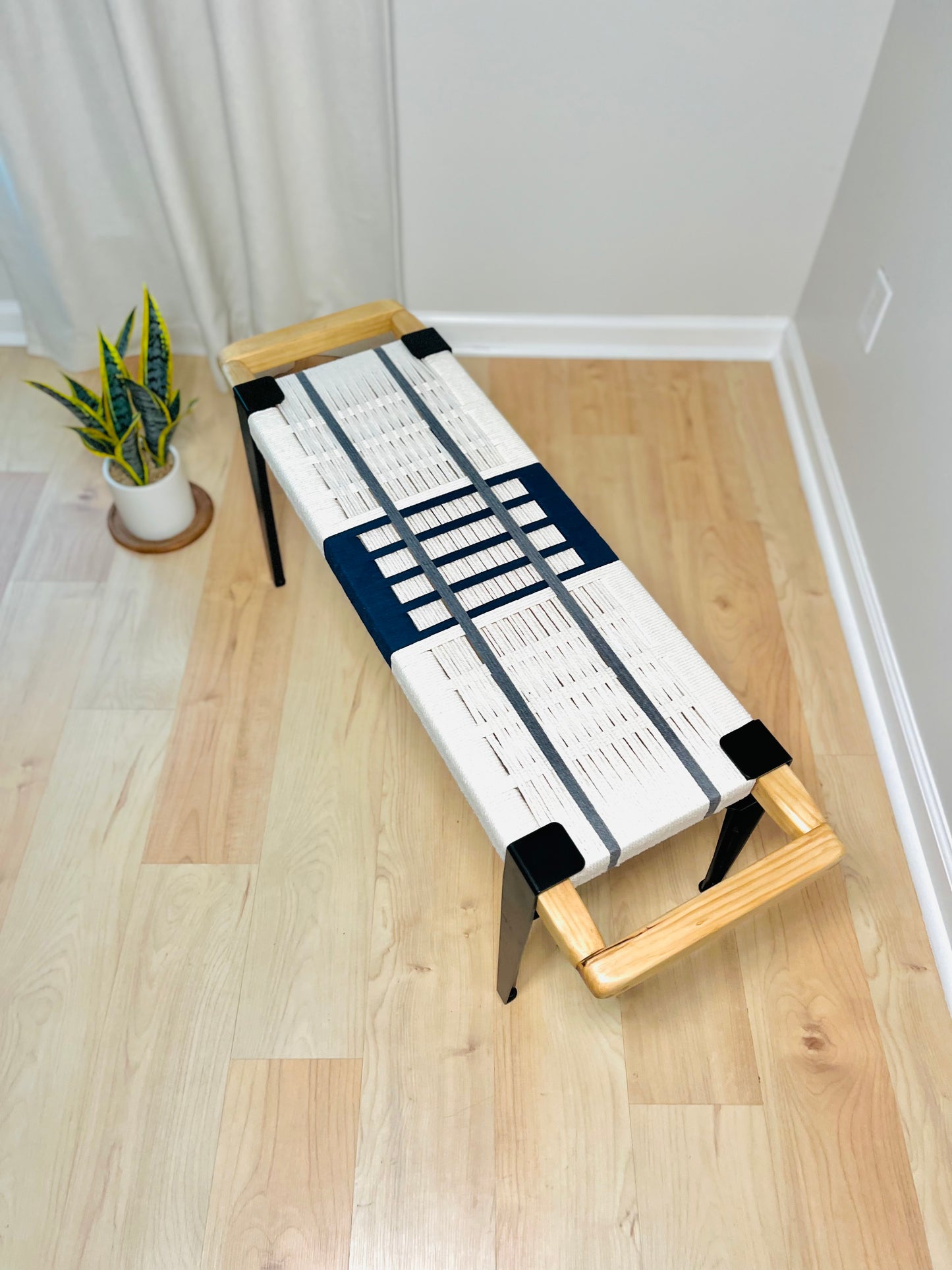 Mid Century Bench | Custom Size Woven Entryway Seating With Matte Black Legs